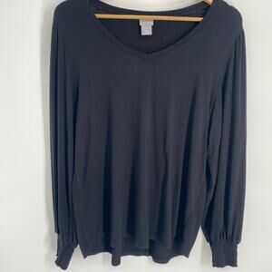 Chicos Top Women’s Large Black Balloon Sleeve Wide V Neck Bohemian Rayon Flowy‎